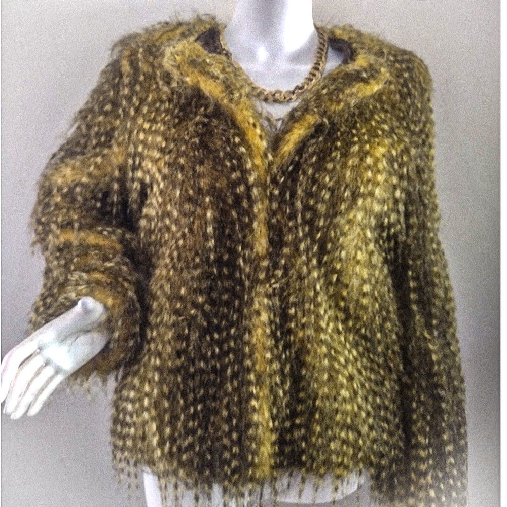 Topshop Fuzzy Knit Jacket in Mustard and Brown